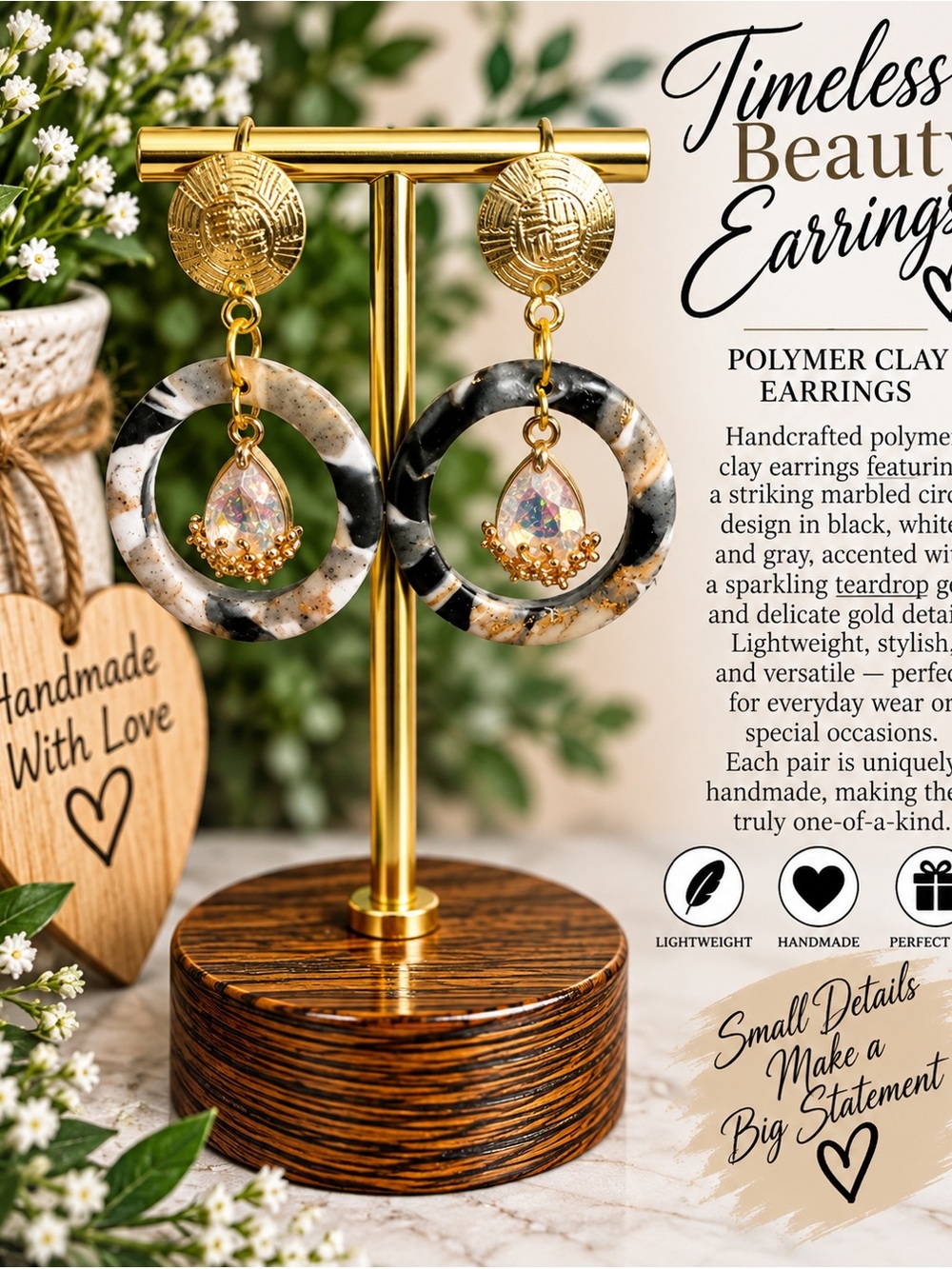 Gold Accent Black, White & Gray Marbled Hoop Earrings with Teardrop Crystal